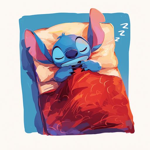 An illustration of Stitch from Disney cartoon, Stitch was sleeping on a bed. On a white background --niji 6