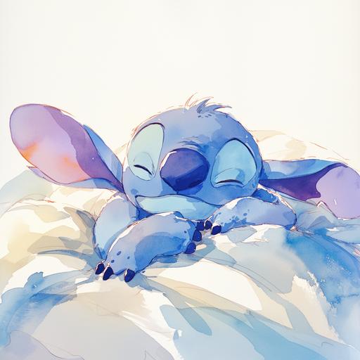 An illustration of Stitch from Disney cartoon, Stitch was sleeping on a bed. On a white background --niji 6