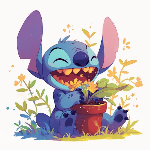 An illustration of Stitch from Disney cartoon, Stitch was planting a flower. On a white background --niji 6