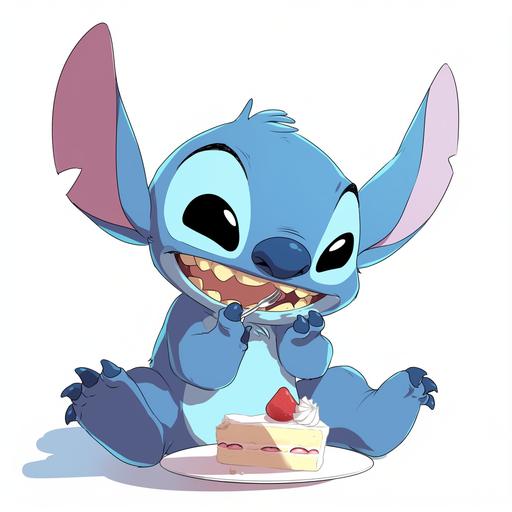 An illustration of Stitch from Disney cartoon, Stitch was eating a cake. On a white background --niji 6