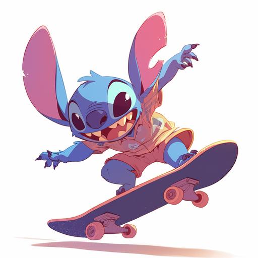 An illustration of Stitch from Disney cartoon, Stitch was skateboarding. On a white background --niji 6
