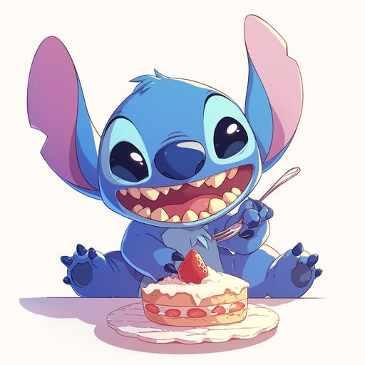 An illustration of Stitch from Disney cartoon, Stitch was eating a cake. On a white background --niji 6