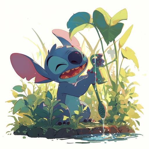 An illustration of Stitch from Disney cartoon, Stitch was watering plants. On a white background --niji 6