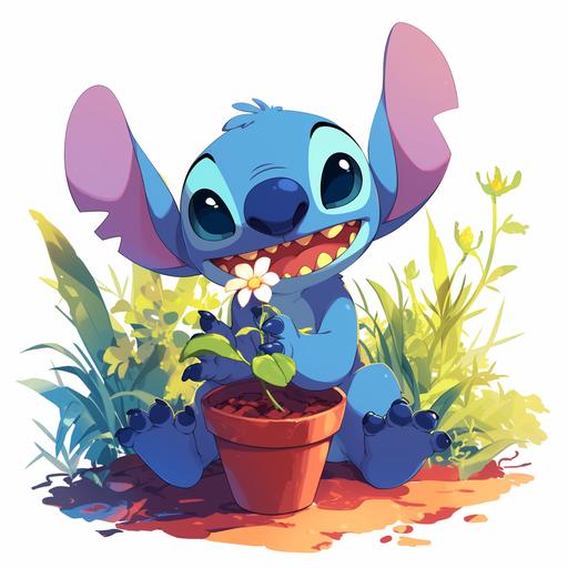 An illustration of Stitch from Disney cartoon, Stitch was planting a flower. On a white background --niji 6