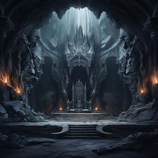 An illustration of a magnificent and mysterious throne room inside a cave under the mountain that all the wall and interiors are carved from black obsidian rocks