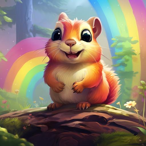 An illustration style rainbow with a chubby cheeked chipmunk. Bright colors and lighter colors. Greens and pinks. Happy and fun