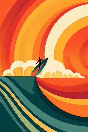 An illustration with a wave and a surfer riding on it, with an emphasis on negative space, featuring bold, The use of bold colors, geometric shapes, and dynamic lines evoke a sense of energy and nostalgia, sun sun sun behind him, wayy pattern, capturing the essence of a retro surf revival. Style: Emphasis on negative space, bold retro graphics Color Palette: Psychedelic colors, baby blue, sun - soaked shades Inspiration: Retro surf culture, posters --ar 2:3 --s 250