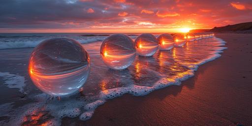 An image of 10 isometric glass globes tsacked like a pool triangle on a beach on the shallows of sea meets sand, beach is nash point or ogmore wales lens is 14mm, camera is canon r3, time of day is sunset, slow shutter speed 30 seconds, with motion blur, of sea smooth around globe, ultra realistic --ar 16:8 --s 750 --v 6.0