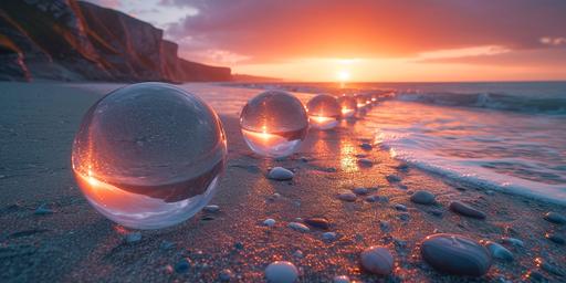 An image of 10 isometric glass globes tsacked like a pool triangle on a beach on the shallows of sea meets sand, beach is nash point or ogmore wales lens is 14mm, camera is canon r3, time of day is sunset, slow shutter speed 30 seconds, with motion blur, of sea smooth around globe, ultra realistic --ar 16:8 --s 750 --v 6.0