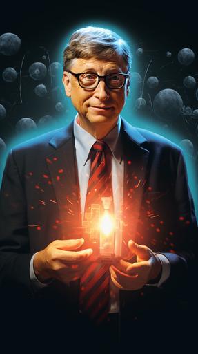 An image of Bill Gates standing beside a glowing heart-shaped power button, symbolizing the true source of his influence. --ar 9:16