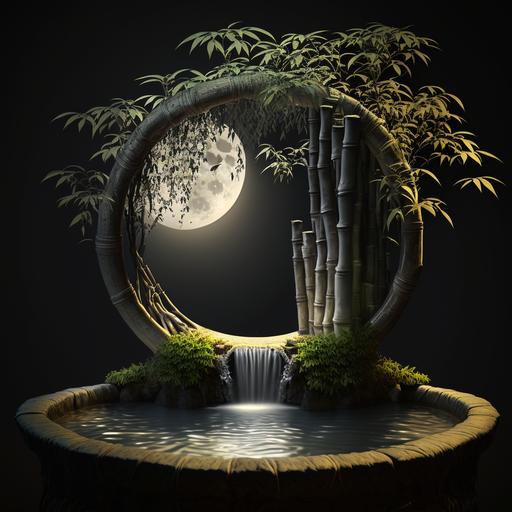 An image of a beautiful bamboo fountain with a dark background and moon light on the water,8k,Hyperrealistic--ar 3:2--v4