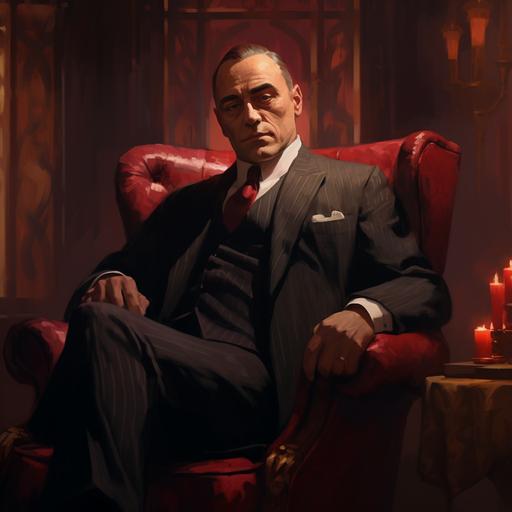 An image of a dignified, quietly spoken man with impeccable manners, embodying the archetype of a mafia godfather. He's dressed in a finely tailored suit, seated in a grand, old-fashioned office that signifies his powerful position in the mafia world.