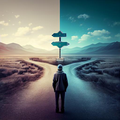 An image of a person standing at a crossroads with two signs, one pointing towards a traditional business route, and the other towards a futuristic route labeled 