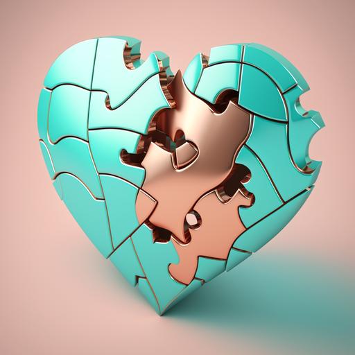 An image of heart a puzzle with a missing piece, realistic and futuristic,, Rose gold and aqua colours background