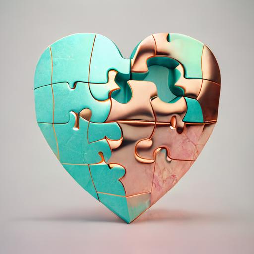 An image of heart a puzzle with a missing piece, realistic and futuristic,, Rose gold and aqua colours background