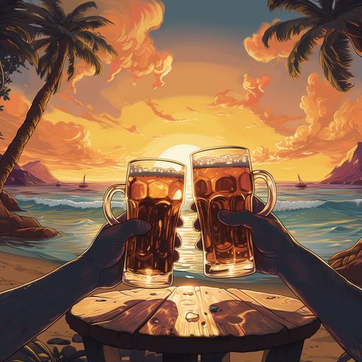An image of the arms of two men toasting with beer mugs at Sunset Beach.