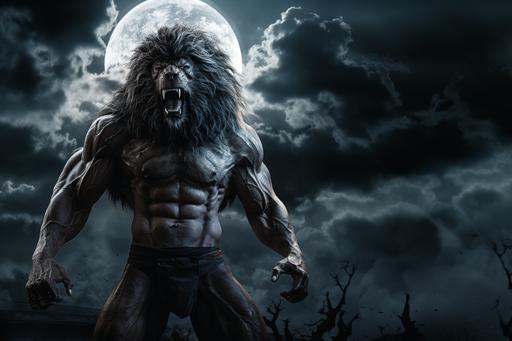 An image of the full moon, shrouded in dark and sinister clouds, highlighting the connection between a muscular man full of hair on his body with claws out, with the face of a wild animal, with fangs showing, and full moon nights.ultra, realistic,cinematic - - ar