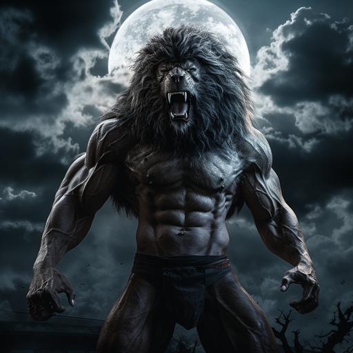 An image of the full moon, shrouded in dark and sinister clouds, highlighting the connection between a muscular man full of hair on his body with claws out, with the face of a wild animal, with fangs showing, and full moon nights.ultra, realistic,cinematic - - ar