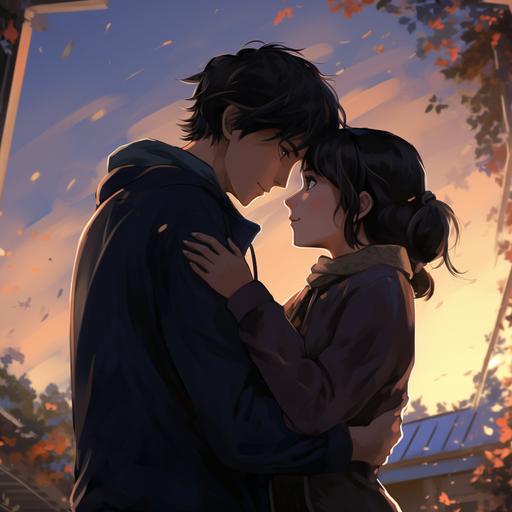 An image that shows a loving couple could be an anime-style drawing where a boy and a girl are sweetly hugging. The girl has short black hair, while the boy has short dark hair. Both are smiling and gazing affectionately into each other's eyes. They are surrounded by a warm and romantic atmosphere, with a soft pastel color palette. In the background, some flowers and a beautiful landscape can be seen, creating a cozy and loving atmosphere. This image conveys the special connection and mutual affection they share as a couple.