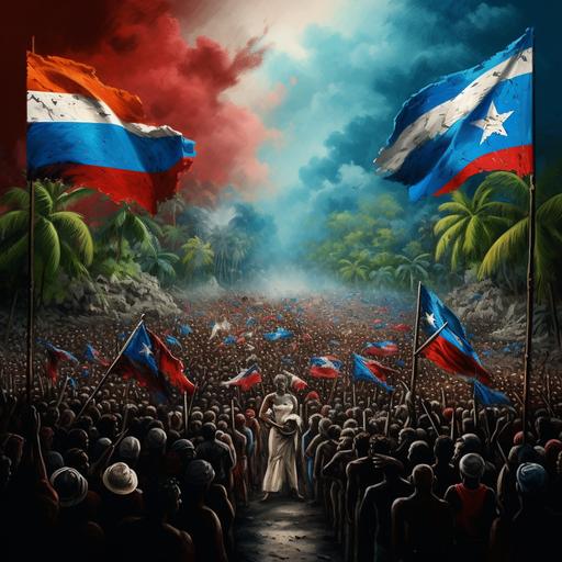 An image to represent the people of Haiti Guatemal and Elsavdaor flags and the people and images of their struggles painting type not real image I need all the flags viddly in the picture depicting the haitian , a salvadorian and Guatemalan hold their falgs clearly seeing who is holding each flag in the mountain