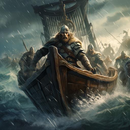 An imposing Viking at the head of an army of Viking drakkar ships on the sea. There are lots of waves on the water