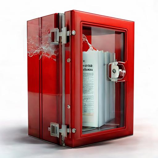 An in case of emergency, break glass wall mounted box is made out of a red hardcover book, glass and metal construction, professional photo, professional lighting, catalog photo, white background. --q 2