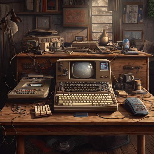 An incredibly lifelike representation of a vintage computer with an immaculately detailed keyboard and device, placed on a wooden desk surrounded by various electronic gadgets, all facing the camera, created as a photorealistic oil painting. The style takes cues from the trompe-l'œil technique and the retro-futuristic aesthetics of the 1980s, featuring soft, diffused light from a desk lamp creating gentle highlights and shadows. The balanced color palette showcases warm browns of the wooden desk, cool metallic grays, and vibrant hues from the electronic devices. The composition is shot using a 35mm camera lens, with the computer prominently displayed in the center, the desk and equipment occupying the foreground, and a slightly out-of-focus background to accentuate the realism. --q 2 --s 750 --v 5