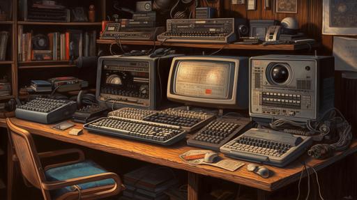 An incredibly lifelike representation of a vintage computer with an immaculately detailed keyboard and device, placed on a wooden desk surrounded by various electronic gadgets, all facing the camera, created as a photorealistic oil painting. The style takes cues from the trompe-l'œil technique and the retro-futuristic aesthetics of the 1980s, featuring soft, diffused light from a desk lamp creating gentle highlights and shadows. The balanced color palette showcases warm browns of the wooden desk, cool metallic grays, and vibrant hues from the electronic devices. The composition is shot using a 35mm camera lens, with the computer prominently displayed in the center, the desk and equipment occupying the foreground, and a slightly out-of-focus background to accentuate the realism. --ar 16:9 --q 2 --s 750 --v 5