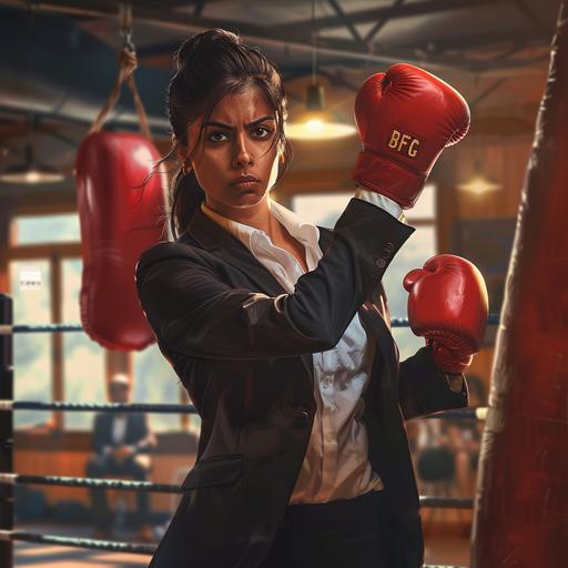 An indian woman in lawyer uniform, a black blazer, white formal shirts and black formal trouser, punching a boxing bag wearing red boxing glove in a martial arts academy. a huge iphone 13 pro max in the background. full shot. illustration 5:4