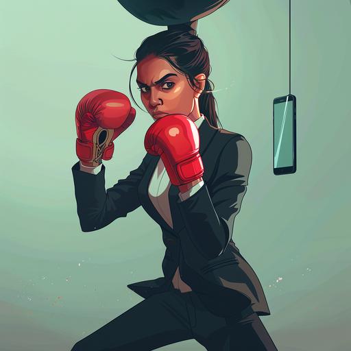 An indian woman in lawyer uniform, a black blazer, white formal shirts and black formal trouser with a black taekwondo belt around her waist, punching a boxing bag wearing red boxing gloves. a huge iphone in the background. full shot. illustration. 5:4