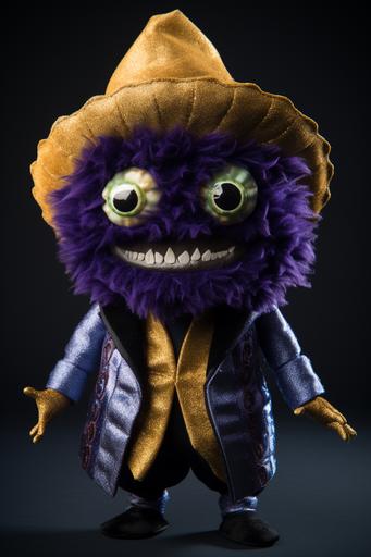 An indigo-hued, anthropomorphic creature with a texture reminiscent of a taco shell, complete with layered ruffles. Its head should be round and expressive, with eyes that are lively and gleaming. The monster is clad in an elegant black velvet suit with fine golden pinstripes, giving off an air of sophistication. This taco monster is posed confidently against a dark, moody backdrop, with a touch of whimsy in its demeanor. --ar 2:3