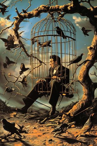 An insane man in business attire trapped in a bird cage surrounded by angry birds. The bird cage is hanging from a large twisted tree. There are bones scattered on the floor surrounding the cage. Surrealism. Surrealist painting by Salvador Dalí. --style raw --v 6.0 --ar 2:3