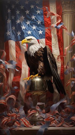 An inspirational scene representing the spirit of freedom and the American Revolution, with symbolic elements like the Liberty Bell, the American flag, and an eagle, encapsulating the ideals for which Crispus Attucks stood, photo realistic, hyperrealistic --ar 9:16