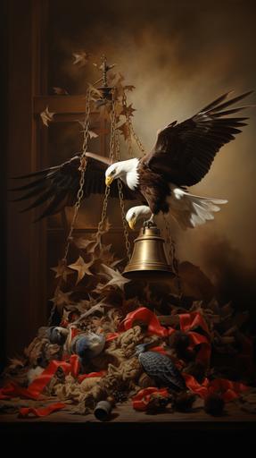 An inspirational scene representing the spirit of freedom and the American Revolution, with symbolic elements like the Liberty Bell, the American flag, and an eagle, encapsulating the ideals for which Crispus Attucks stood, photo realistic, hyperrealistic --ar 9:16