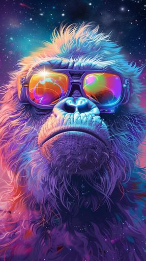 An intergalactic Yeti wearing futuristic sunglasses in a trippy but realistic colors --ar 9:16 --v 6.0
