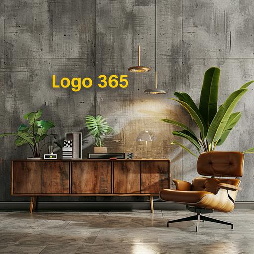 An interior setting with a minimalist design. There's a wooden sideboard against a textured gray wall. On top of the sideboard, there are various items and a large green leafy plant. To the right, there's a wooden chair with a brown leather seat and backrest. On the wall, the text 