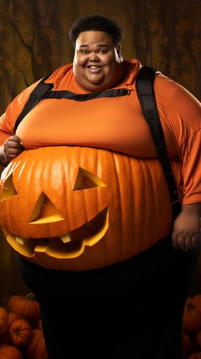 An obese man, mixed race, with a pumpkin halloween costume, halloween background --ar 9:16