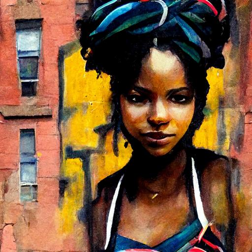 An oil painting of a beautiful black girl in Spanish Harlem, New York. Style of Phase 2. Graffiti --tile