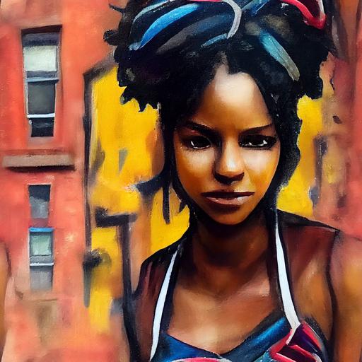An oil painting of a beautiful black girl in Spanish Harlem, New York. Style of Phase 2. Graffiti --tile --upbeta