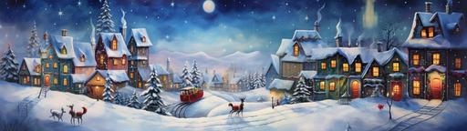 An oil painting of a cartoon town. On Christmas night, Santa Claus comes on a sleigh amidst the bright moon and colorful buildings. Two deer are running fast in front, Christmas and New Year style. I can't believe how beautiful this is. whimsical animation --ar 512:144