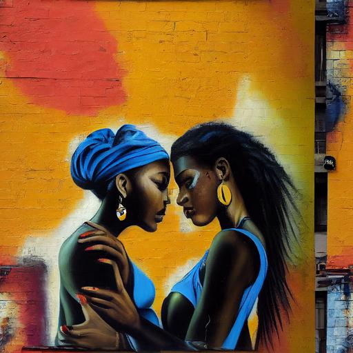 An oil painting of street art and a black girl in love in Spanish Harlem, New York. Style of Phase 2. Graffiti --tile --test --creative --upbeta