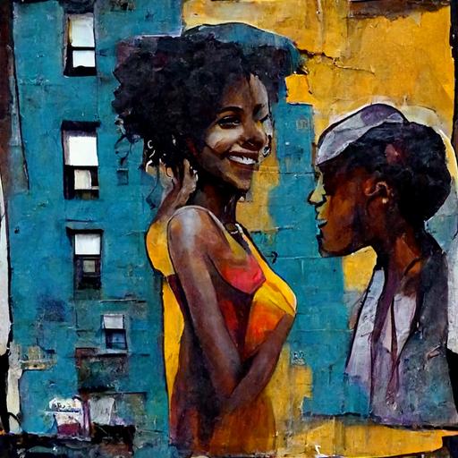 An oil painting of street art and a black girl in love in Spanish Harlem, New York. Style of Phase 2. Graffiti --tile