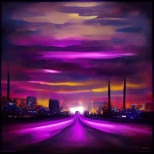 An oil painting purple haze over blinding lights in a dark night in the city la la land psychedelic with tunders and love --upbeta