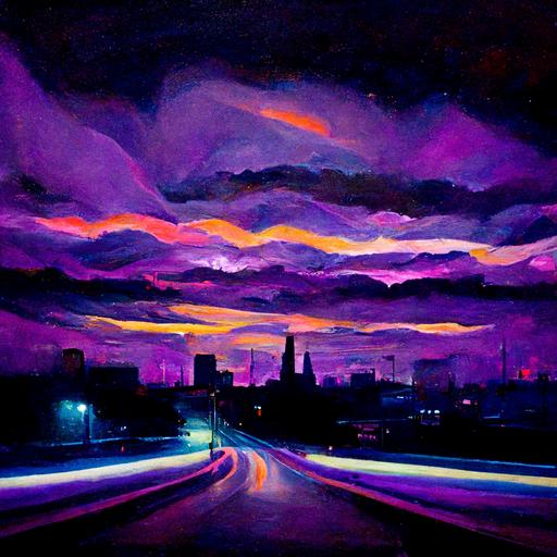 An oil painting purple haze over blinding lights in a dark night in the city la la land psychedelic with tunders and love