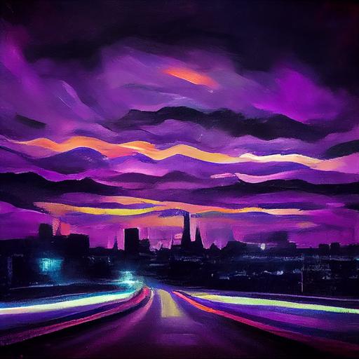 An oil painting purple haze over blinding lights in a dark night in the city la la land psychedelic with tunders and love --upbeta