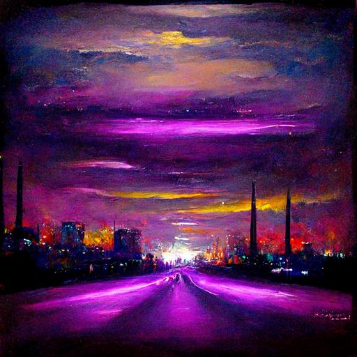 An oil painting purple haze over blinding lights in a dark night in the city la la land psychedelic with tunders and love