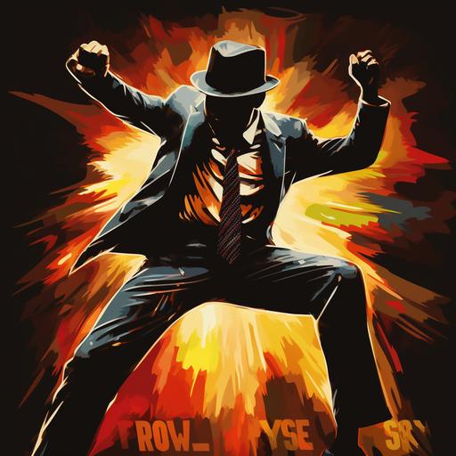 An old dark house poster, rise up, power to the people, a ska faceless rude boy in a suit and trilby hat, abstract, in the style of noir comic art, high speed sync, colorized, ska music, uprising, rollerwave, intensely detailed