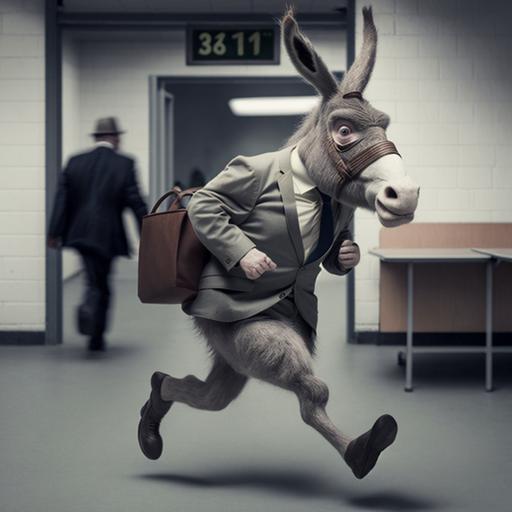 An old donkey in clerk suit is running away from the office, anthropomorphic, character, ultrarealistic