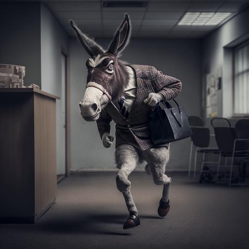 An old donkey in clerk suit is running away from the office, anthropomorphic, character, ultrarealistic
