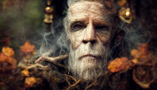 An old human wizard in grey robes, casting a magic spell, wizened, wise, hermit, photo realistic, medieval, dark woods background, oak trees, gloomy, highly detailed, 8k, --ar 16:9  --s 20000 --q 2